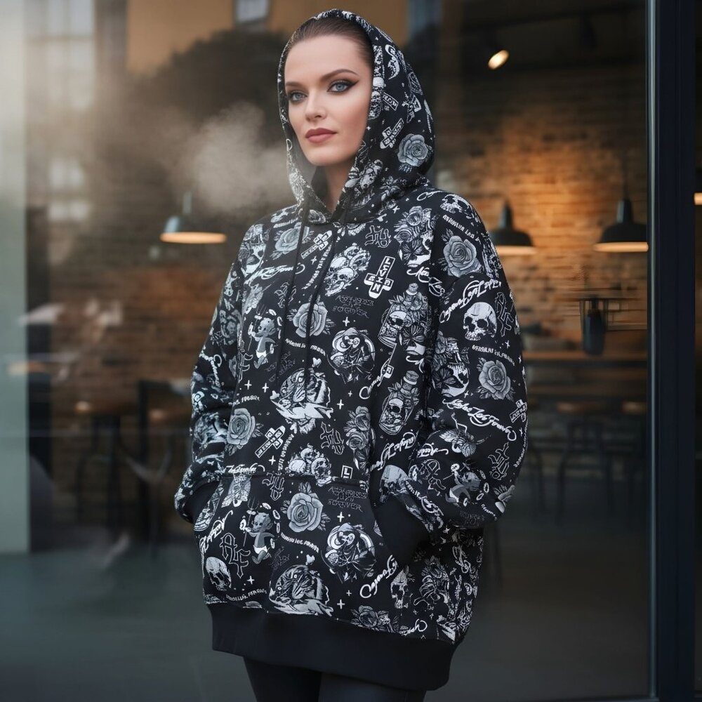 A$$holes Live Forever ✦ Skull & Rose Zip Hoodie ✦ Black Unisex Streetwear Goth S - Picture 8 of 11